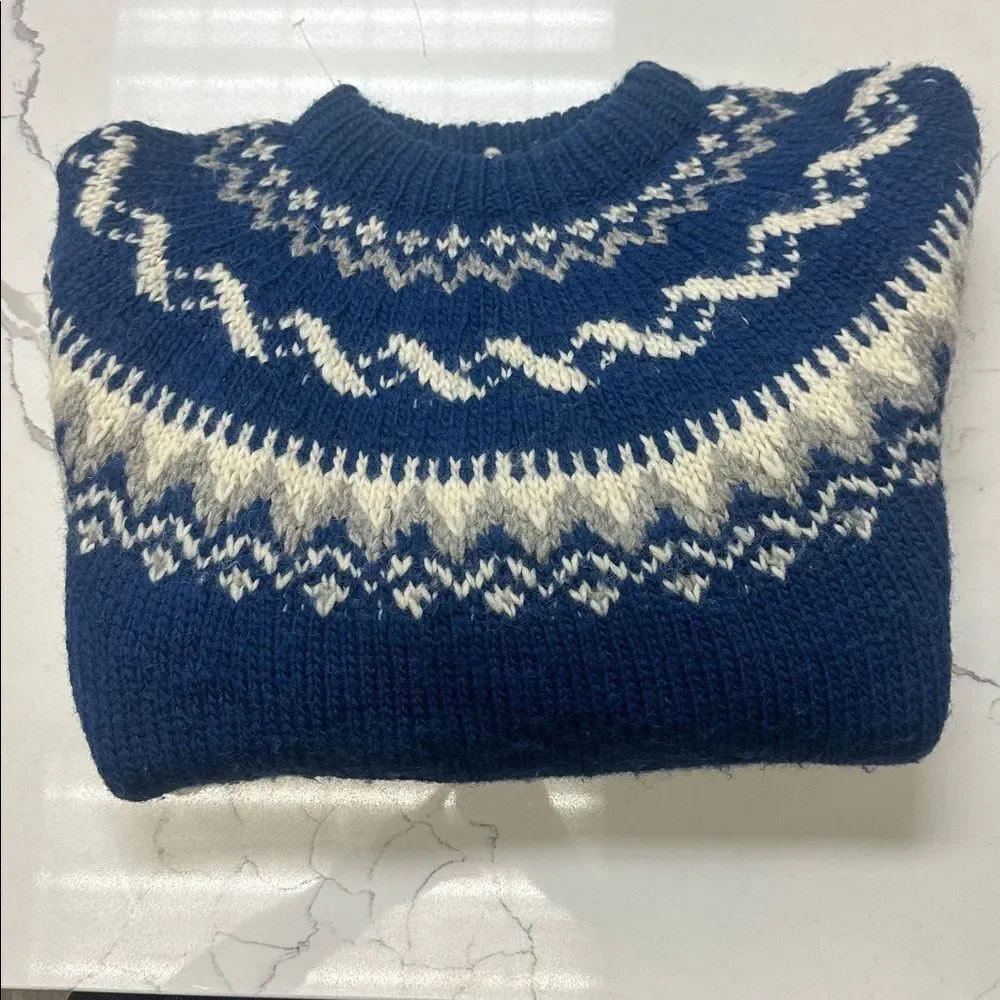 Hand Knitted Wool Sweater, Blue, White Grey Icelandic Norwegian Jumper Crew-neck